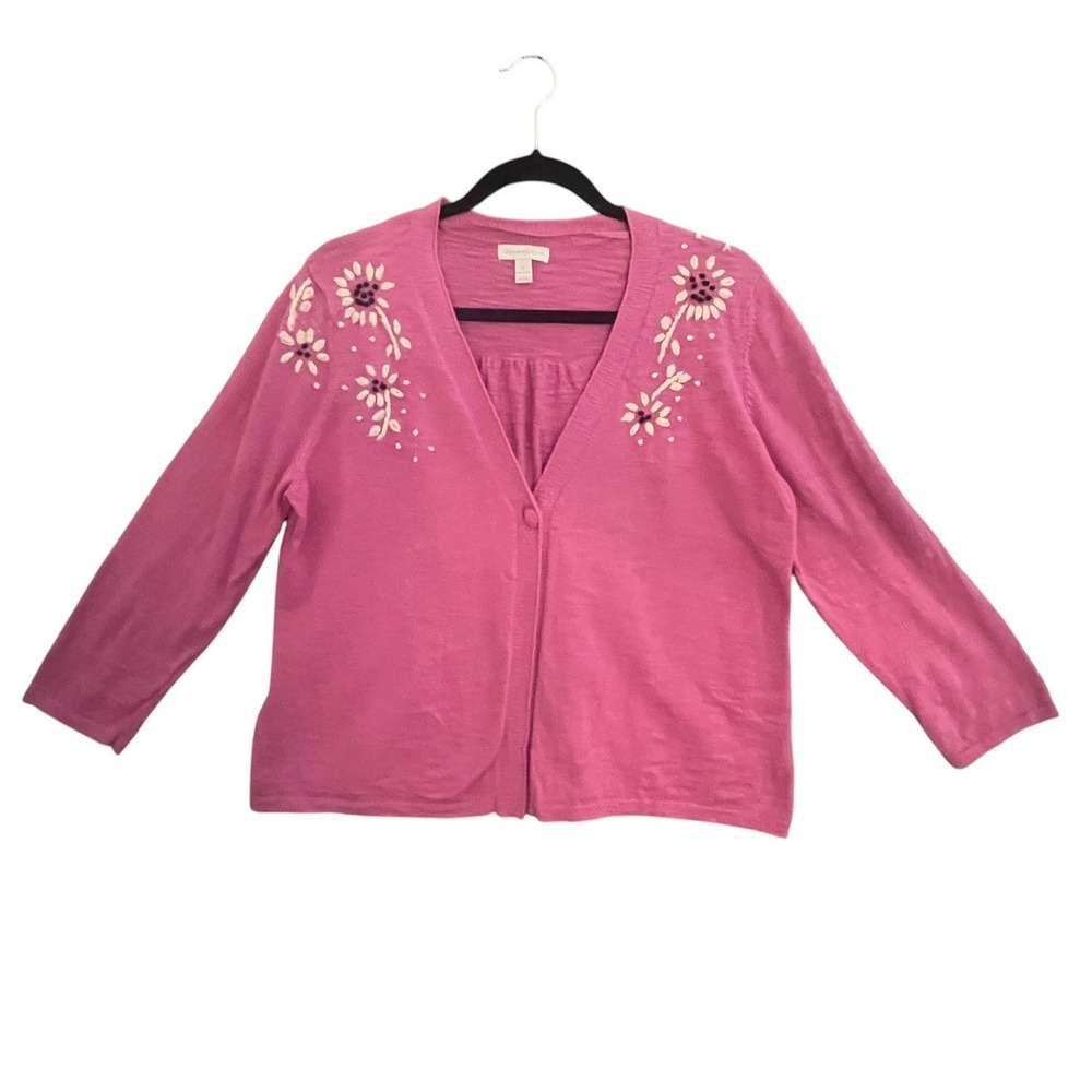 Charter Club‎ Pink Cotton Floral Embroidered V-Neck Cardigan Sweater L Cottage